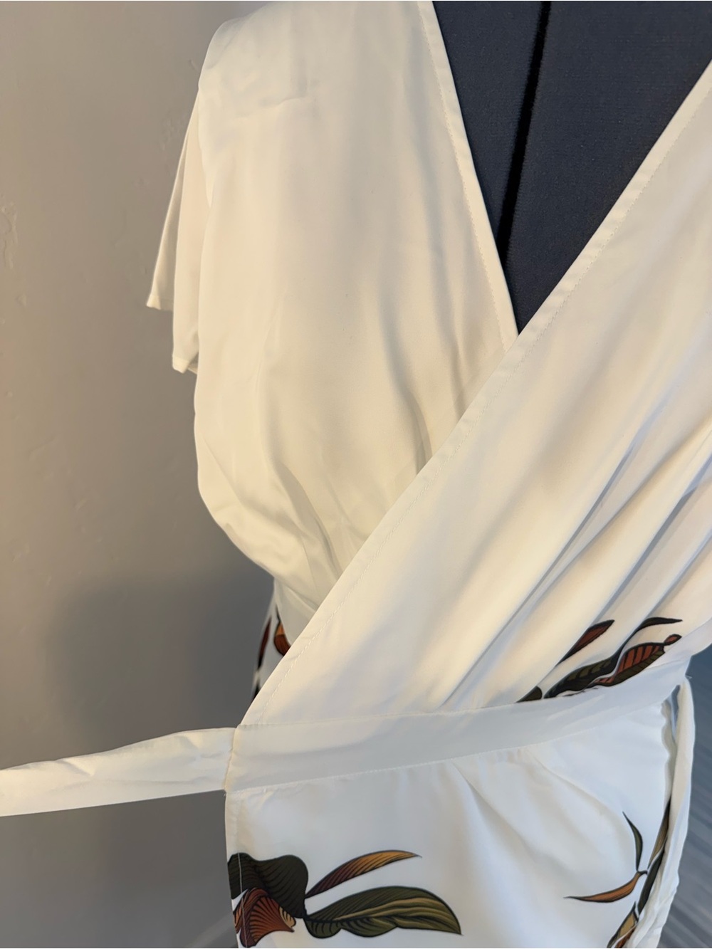 White Floral Wrap Midi Dress with Leaf Print #251 - Picture 7 of 14